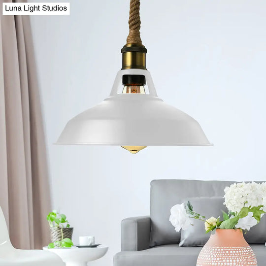 Industrial Metal Pendant Lamp - Barn Shade Living Room Ceiling Light With Hanging Rope 1 Black/White