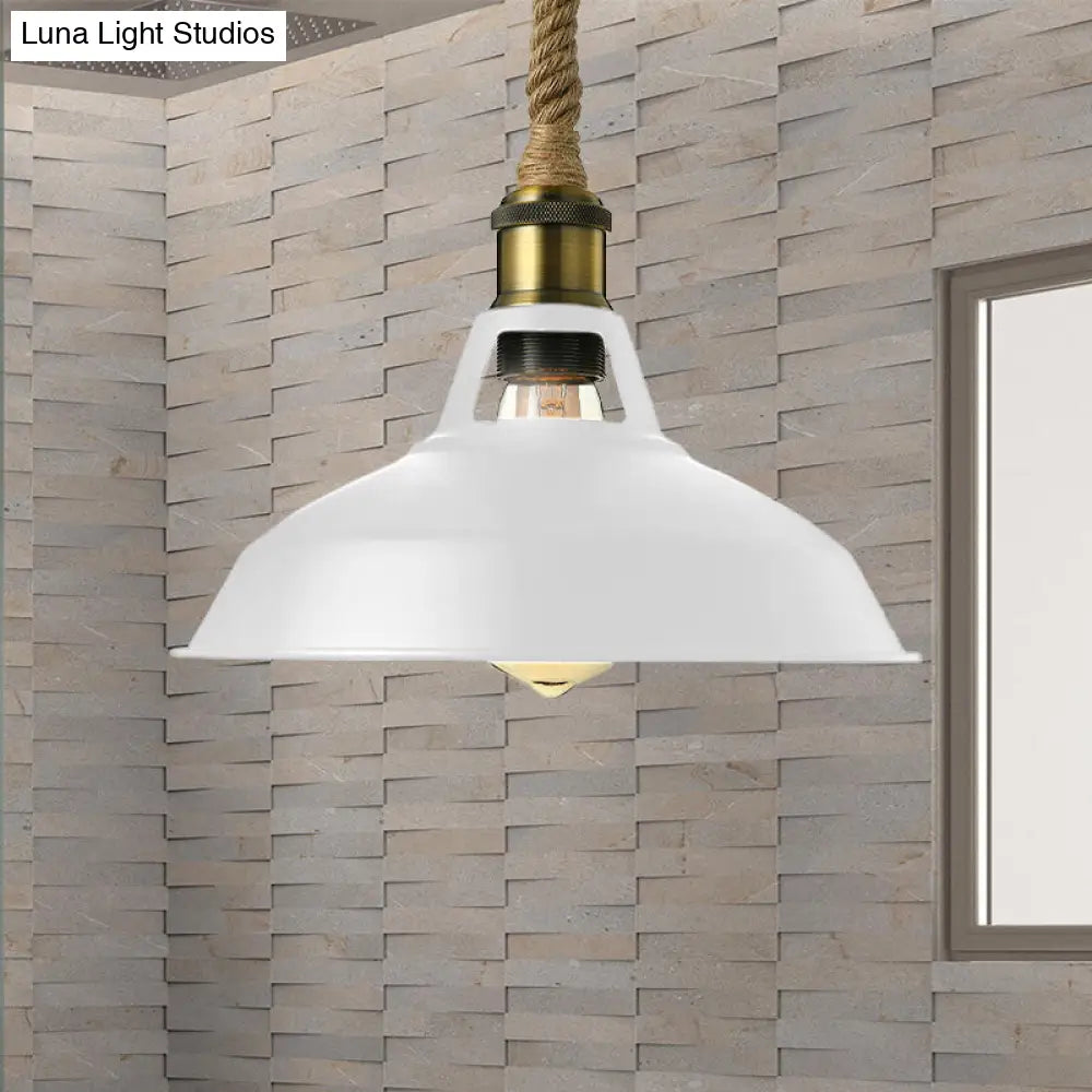 Industrial Metal Pendant Lamp - Barn Shade Living Room Ceiling Light With Hanging Rope 1 Black/White