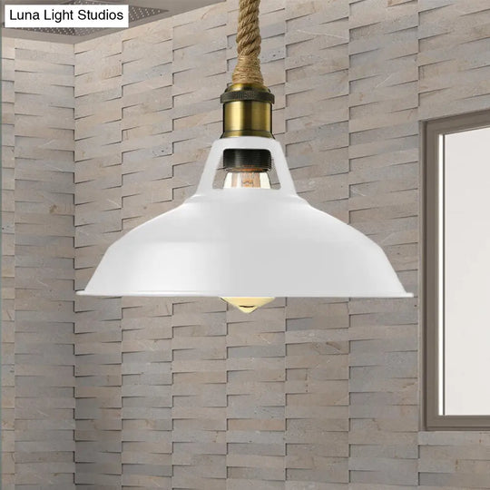Industrial Metal Pendant Lamp - Barn Shade Living Room Ceiling Light With Hanging Rope 1 Black/White