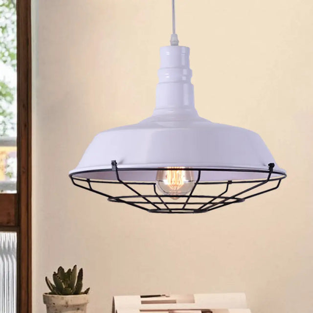Industrial Metal Pendant Light Fixture With Wire Guard - Orange/Blue/Green Bowl Design