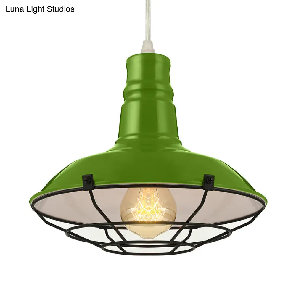 Industrial Metal Pendant Light Fixture With Wire Guard - Orange/Blue/Green Bowl Design