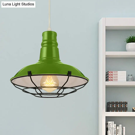 Industrial Metal Pendant Light Fixture With Wire Guard - Orange/Blue/Green Bowl Design