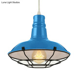 Industrial Metal Pendant Light Fixture With Wire Guard - Orange/Blue/Green Bowl Design