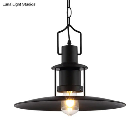 Industrial Metal Pendant Light - Flat Cone Shade 1-Light Dining Room Hanging Fixture In Black 16’