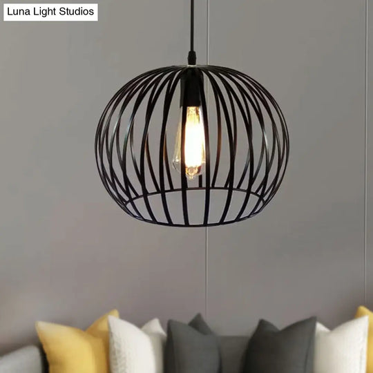 Industrial Metal Pendant Light In Satin Black - 12’/14’ Wide Globe Cage 1 Bulb Perfect For