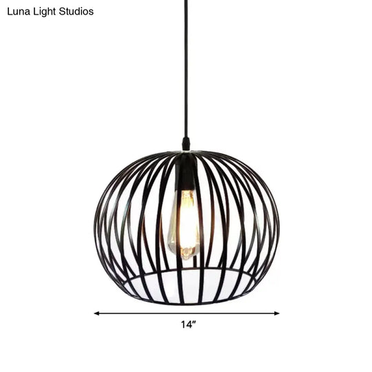 Industrial Metal Pendant Light In Satin Black - 12’/14’ Wide Globe Cage 1 Bulb Perfect For