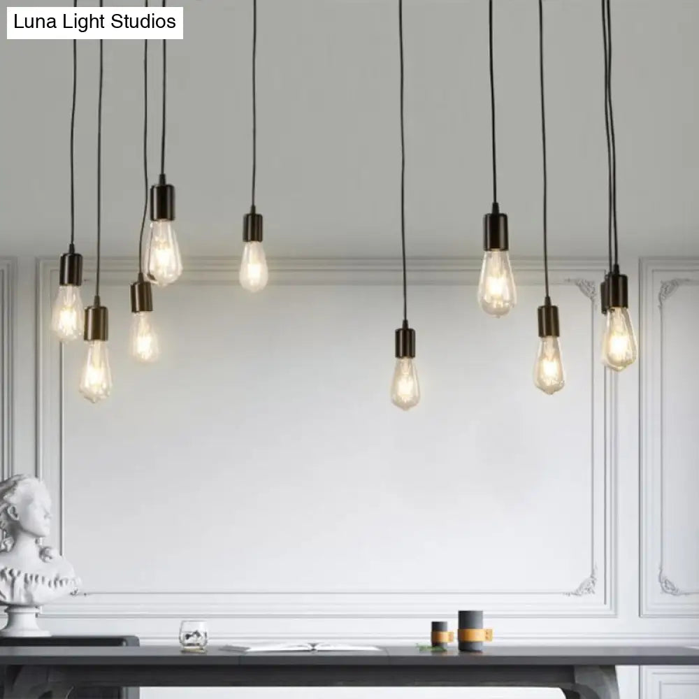 Industrial Metal Pendant Light With 10 Black Naked Bulb Heads - Perfect Garage Swag Hanging Lamp