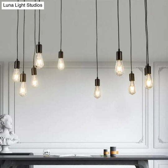 Industrial Metal Pendant Light With 10 Black Naked Bulb Heads - Perfect Garage Swag Hanging Lamp