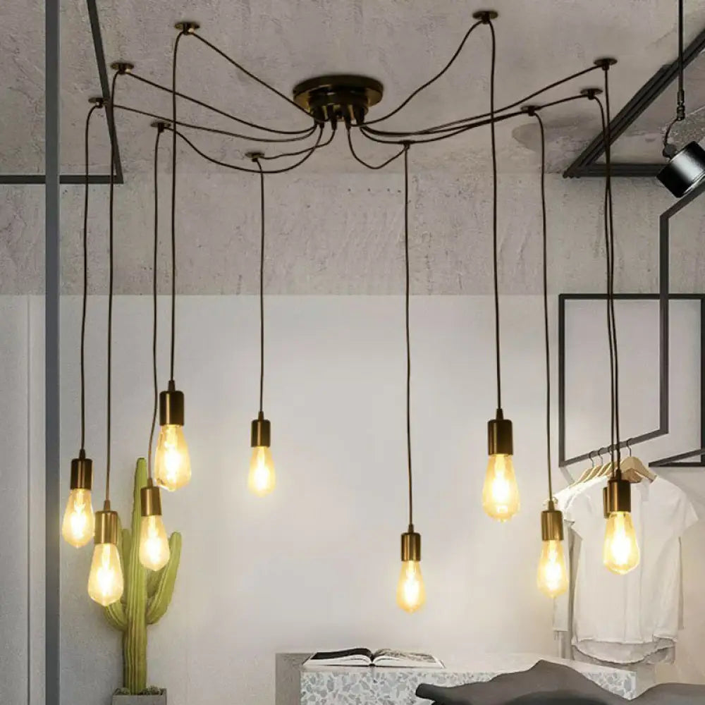 Industrial Metal Pendant Light With 10 Black Naked Bulb Heads - Perfect Garage Swag Hanging Lamp