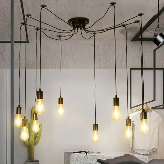 Industrial Metal Pendant Light With 10 Black Naked Bulb Heads - Perfect Garage Swag Hanging Lamp