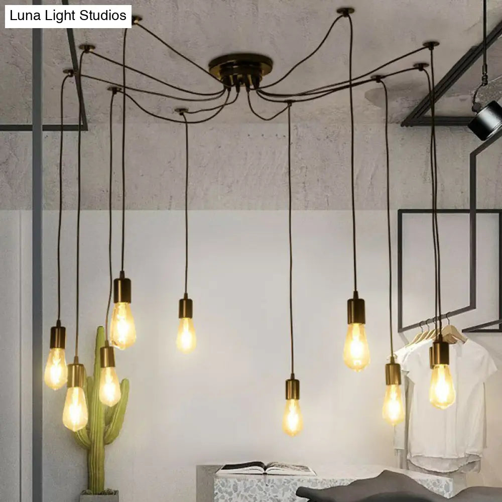 Industrial Black Metal 10-Head Swag Pendant Light For Garage - Naked Bulb Design