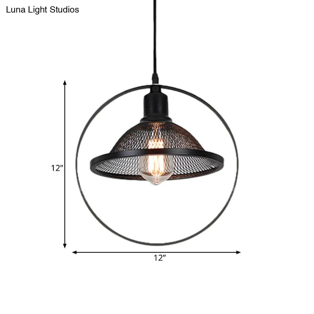 Industrial Metal Pendant Light With Black Rhombus/Round And Mesh Flared Shade