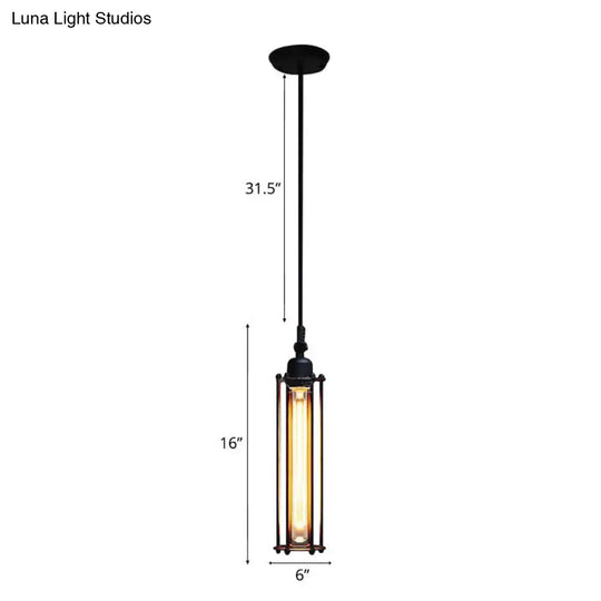 Industrial Hanging Pendant Light With Metal Wire Guard And Tube Shade In Black - Bedroom Lighting