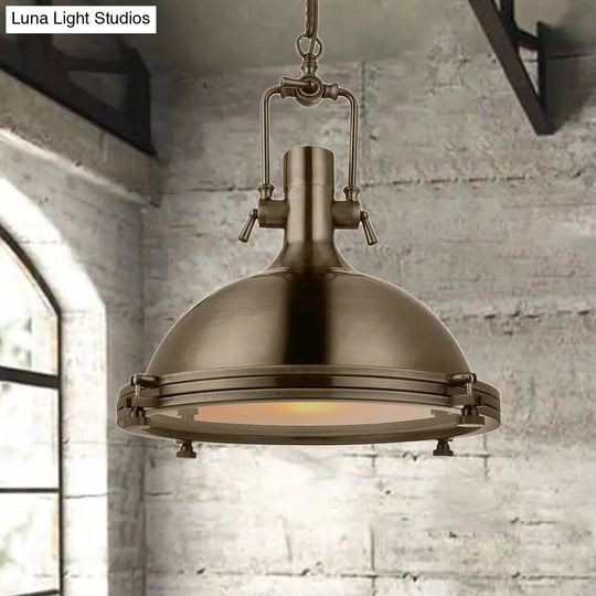 1-Light Industrial Metal Pendant With Antique Brass/Brass/Copper Finish And Frosted Diffuser Brass