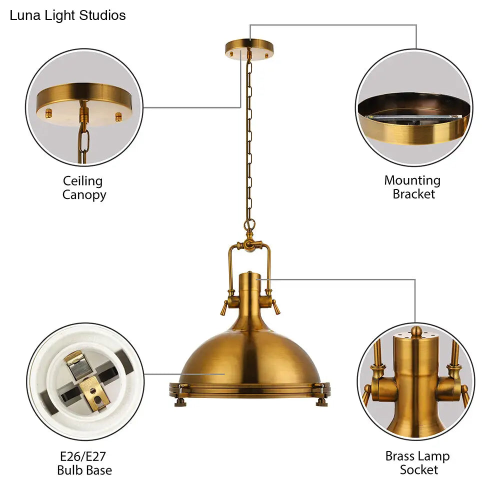 1-Light Industrial Metal Pendant With Antique Brass/Brass/Copper Finish And Frosted Diffuser