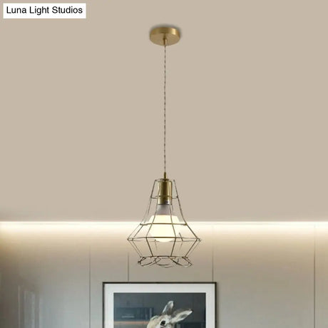 Industrial Metal Pendant Lighting With Gold Finish And Wire Frame For Dining Room - 1 Head