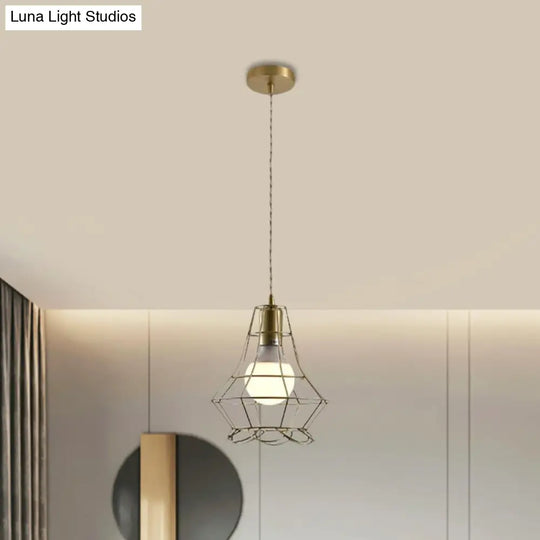 Industrial Metal Pendant Lighting With Gold Finish And Wire Frame For Dining Room - 1 Head