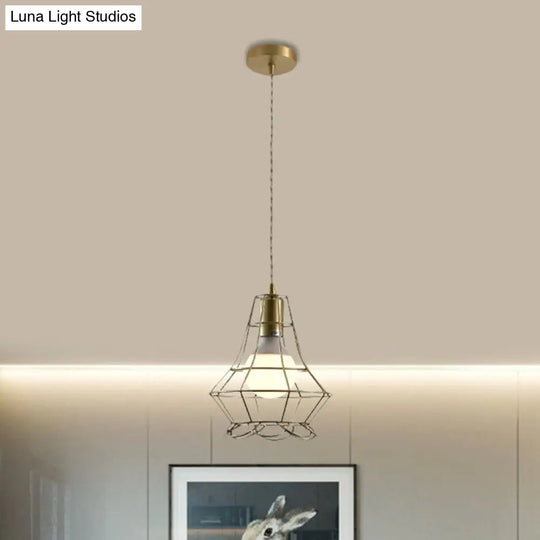 Industrial Metal Pendant Lighting With Gold Finish And Wire Frame For Dining Room - 1 Head