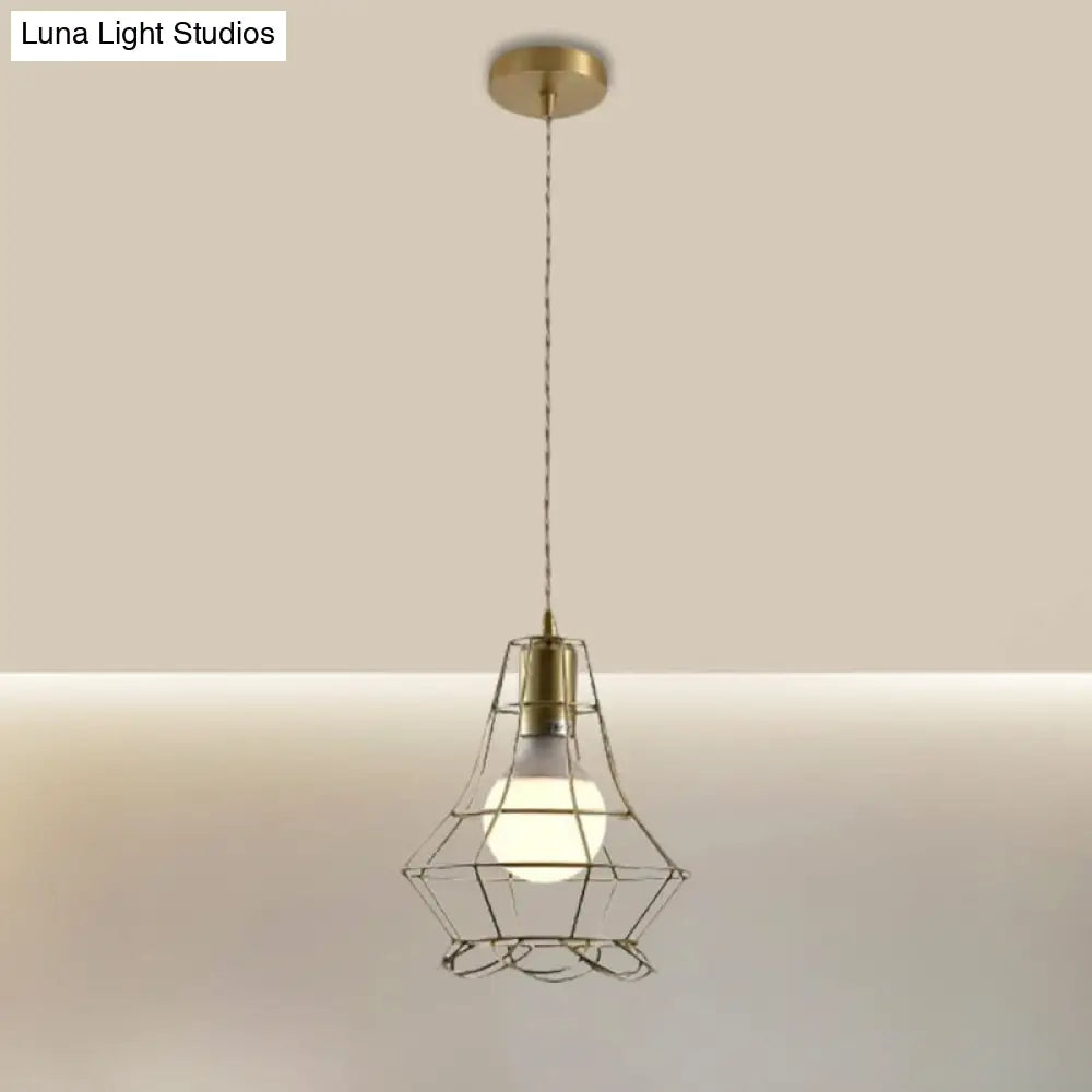 Industrial Metal Pendant Lighting With Gold Finish And Wire Frame For Dining Room - 1 Head