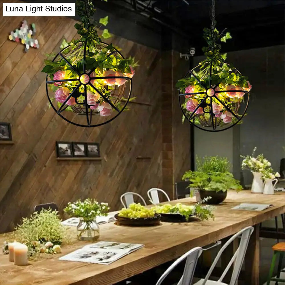 Industrial Style Metal Chandelier With Artificial Plant Suspension Lighting For Restaurants
