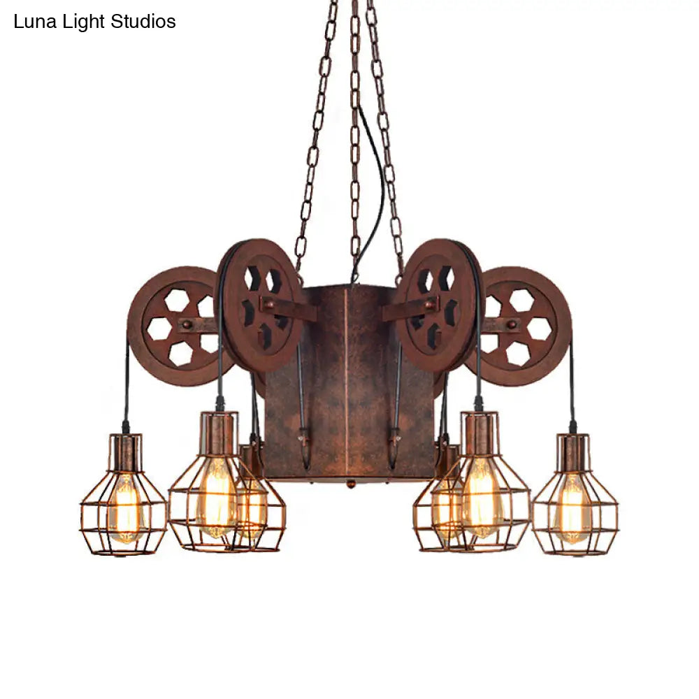 Industrial Metal Rust Pendant Lamp - Caged Globe 4/6-Light Chandelier With Gear Fixture