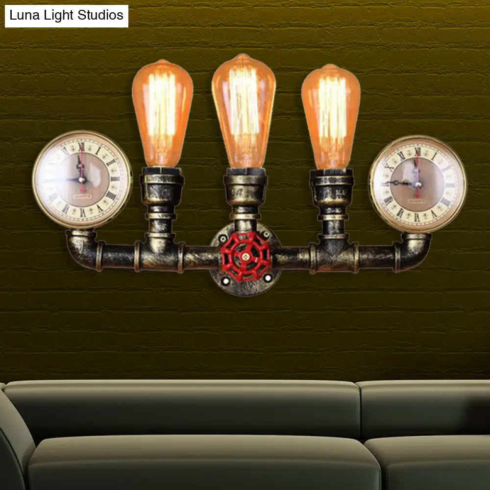 Industrial Metal Sconce Lighting: Wall Mounted Lamp With Pressure Gauge - 3 Bulbs Included
