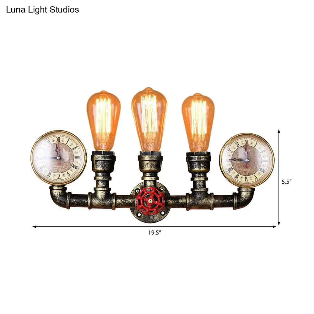 Industrial Metal Sconce Lighting: Wall Mounted Lamp With Pressure Gauge - 3 Bulbs Included