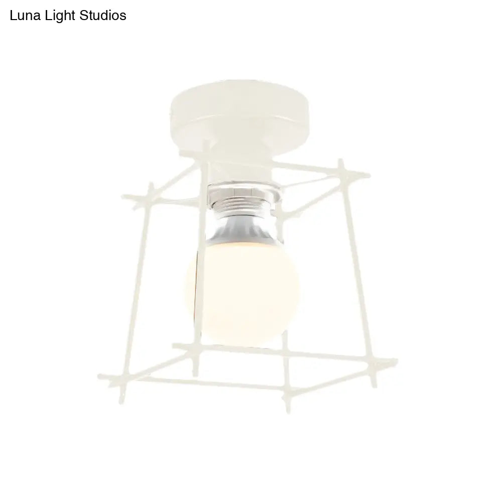Industrial Metal Semi-Flush Ceiling Light With Wire Guard - Rotatable 1 Head Bedroom Flush Mount