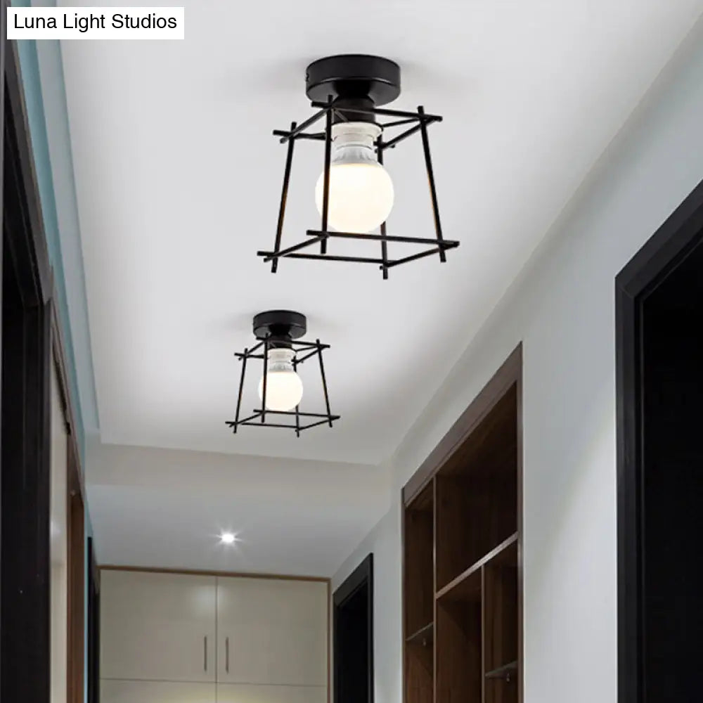 Industrial Metal Semi-Flush Ceiling Light With Wire Guard - Rotatable 1 Head Bedroom Flush Mount