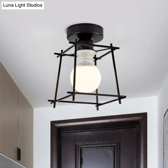 Industrial Metal Semi-Flush Ceiling Light With Wire Guard - Rotatable 1 Head Bedroom Flush Mount