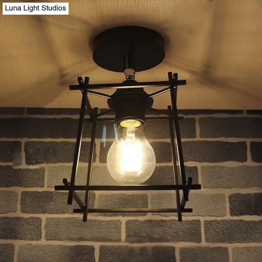 Industrial Metal Semi-Flush Ceiling Light With Wire Guard - Rotatable 1 Head Bedroom Flush Mount