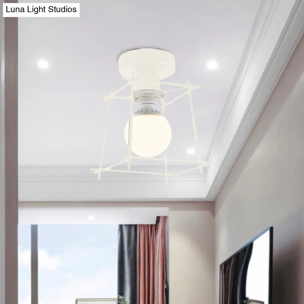 Industrial Metal Semi-Flush Ceiling Light With Wire Guard - Rotatable 1 Head Bedroom Flush Mount