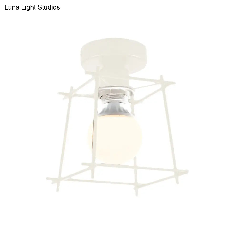 Industrial Metal Semi-Flush Ceiling Light With Wire Guard - Rotatable 1 Head Bedroom Flush Mount