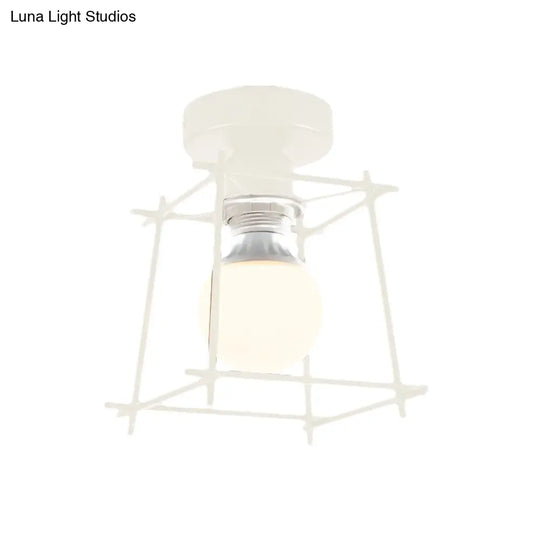 Industrial Metal Semi-Flush Ceiling Light With Wire Guard - Rotatable 1 Head Bedroom Flush Mount