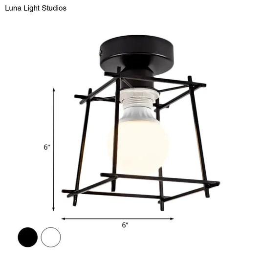 Industrial Metal Semi-Flush Ceiling Light With Wire Guard - Rotatable 1 Head Bedroom Flush Mount