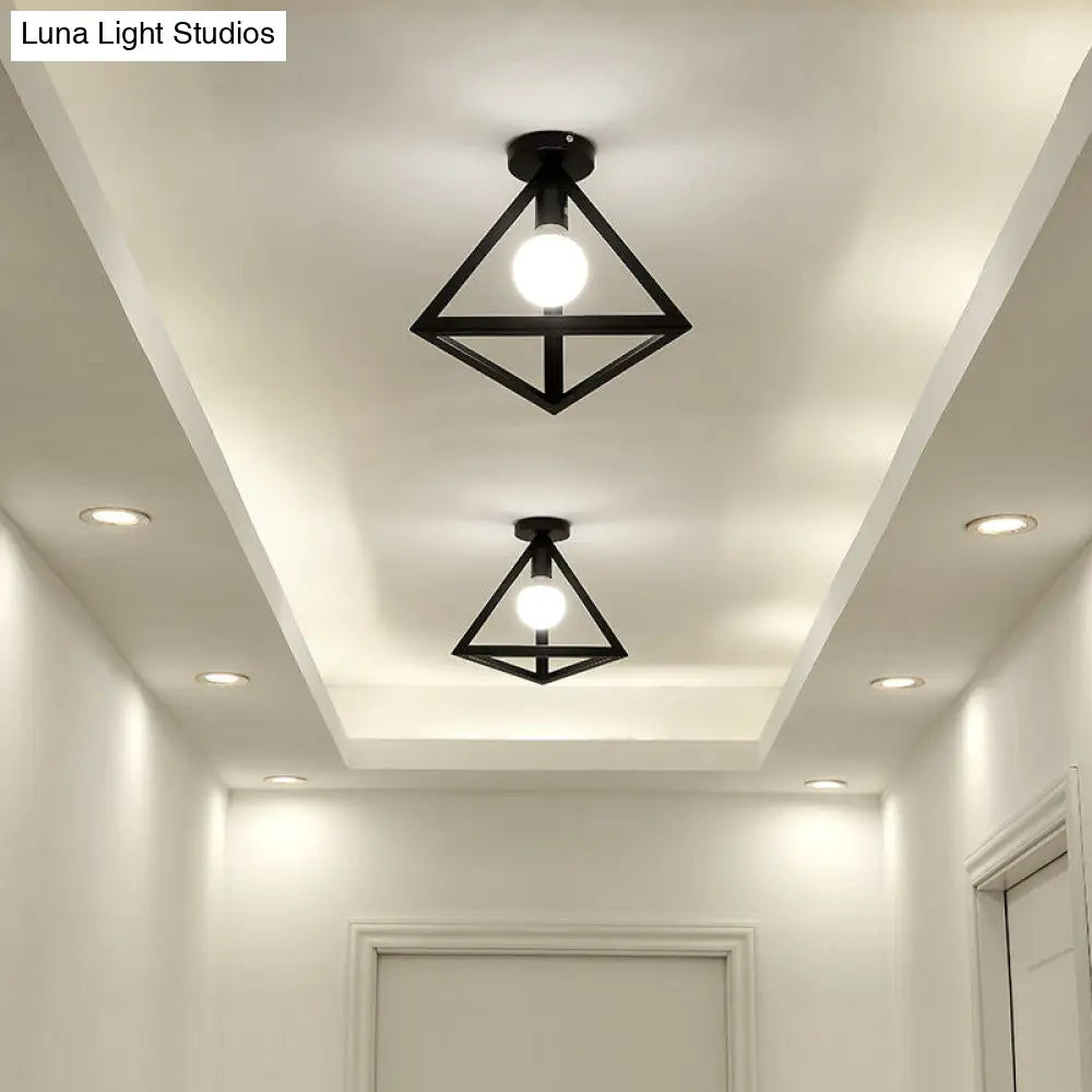 Industrial Metal Triangular Semi Flush Ceiling Light Fixture - 1 Head Aisle Mount Black