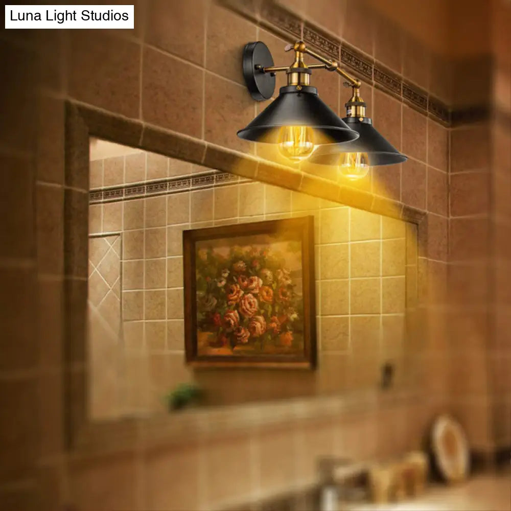 Industrial Metal Vanity Wall Light With Conical Shade - Retro Style 2-Light