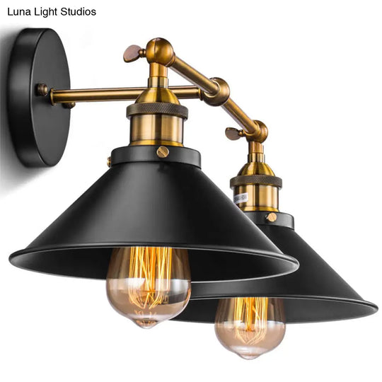 Industrial Metal Vanity Wall Light With Conical Shade - Retro Style 2-Light