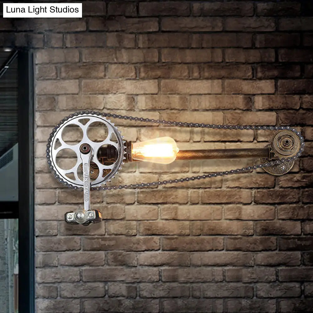 Industrial Metal Wall Sconce With Bronze Bicycle Chain Design Water Pipe And 1 Bulb Head - Perfect