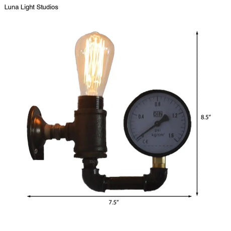 Industrial Metal Wall Sconce With Gauge/Faucet Decoration - Black 1-Light Mini Lighting For Living