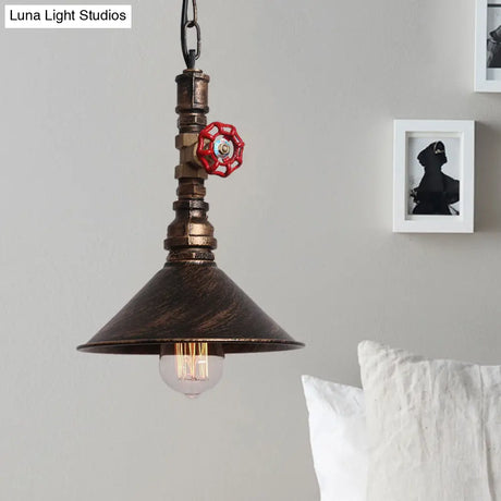 Industrial Metal Water Pipe And Valve Suspension Pendant - Black/Bronze Cone Shade