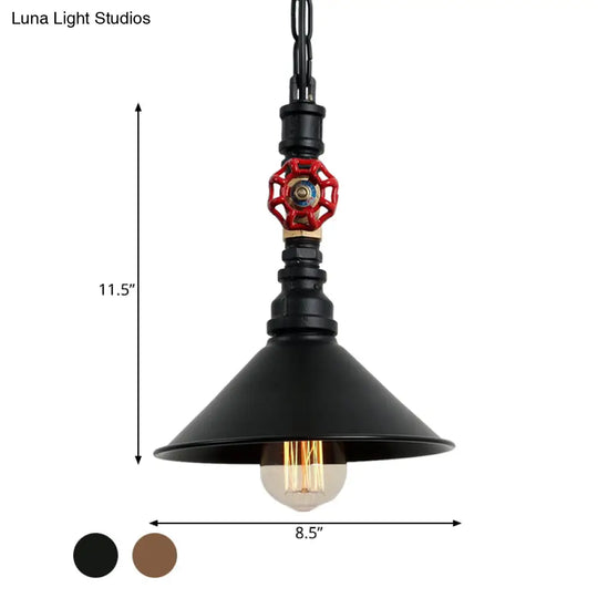 Industrial Metal Water Pipe And Valve Suspension Pendant - Black/Bronze Cone Shade