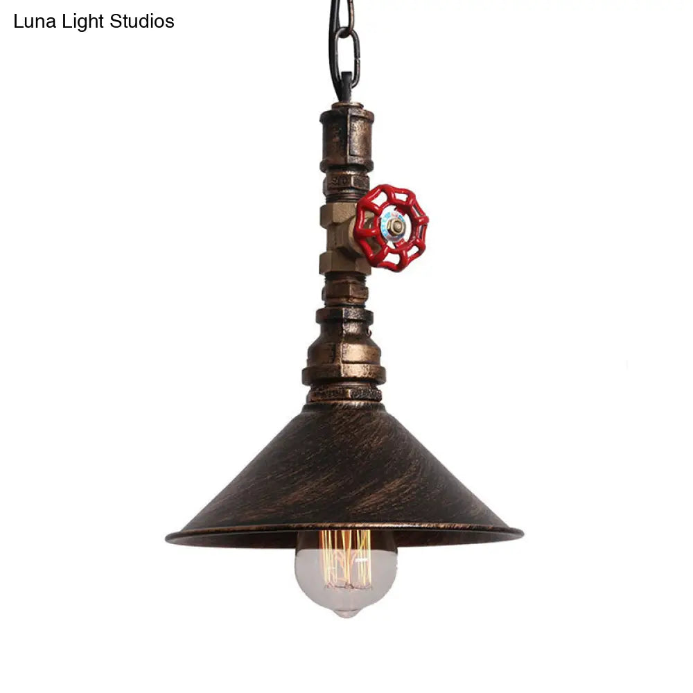 Industrial Black/Bronze Hanging Lamp With Water Pipe & Valve Suspension - Cone Shade Pendant 1 Light