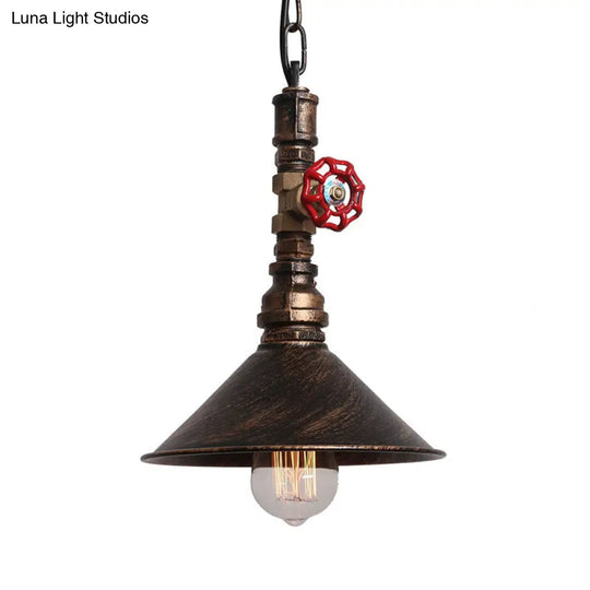 Industrial Black/Bronze Hanging Lamp With Water Pipe & Valve Suspension - Cone Shade Pendant 1 Light