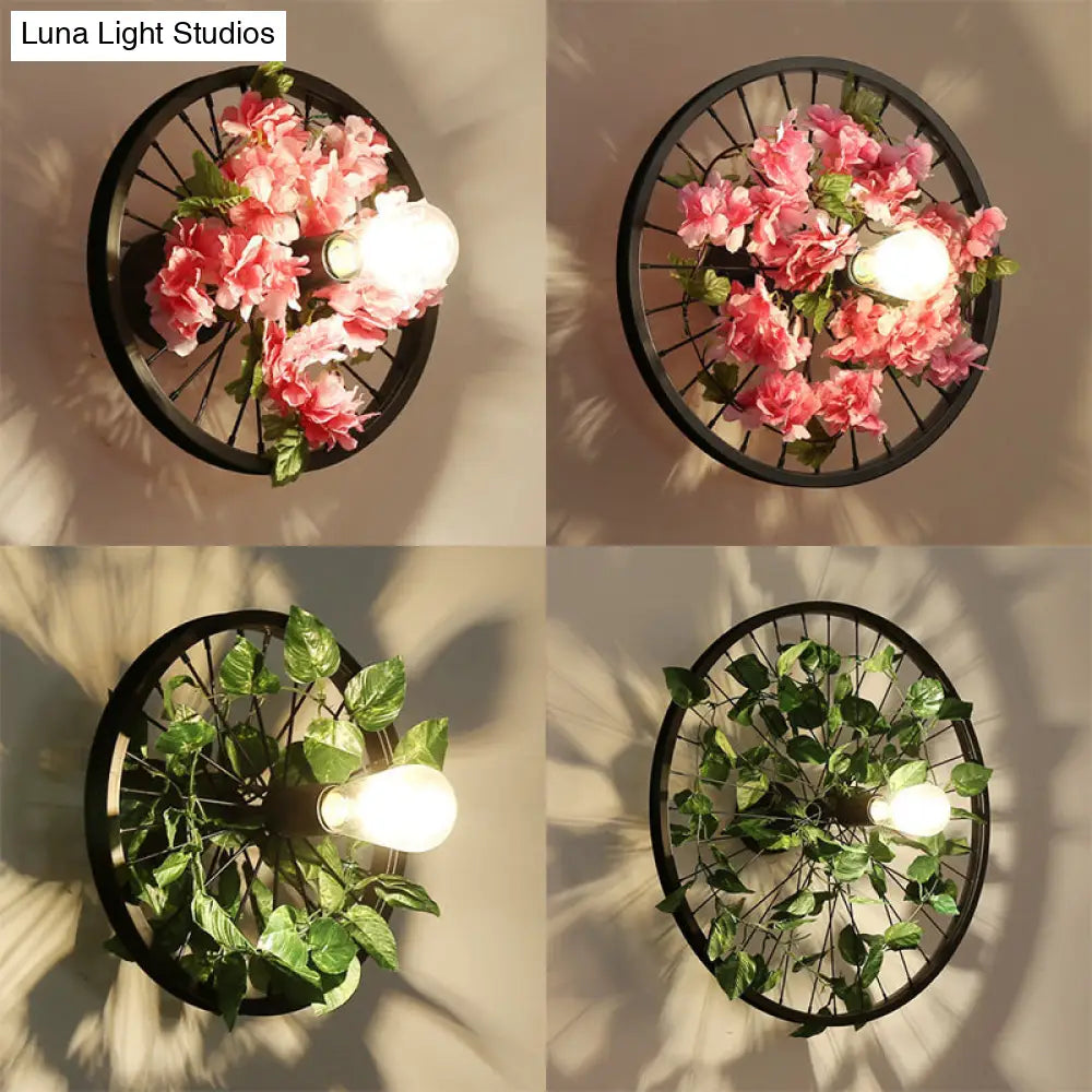 Industrial Metal Wheel Wall Mount Light With Flower/Leaf Decor 12.5/16.5 Diameter