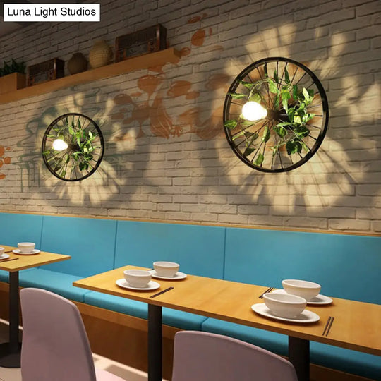 Industrial Metal Wheel Wall Mount Light With Flower/Leaf Decor 12.5/16.5 Diameter