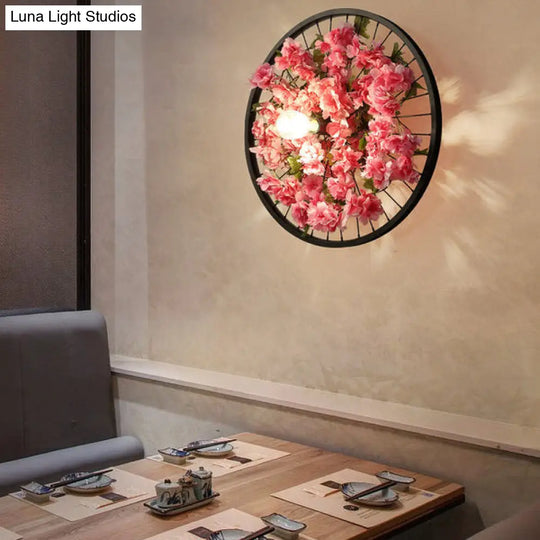 Industrial Metal Wheel Wall Mount Light With Flower/Leaf Decor 12.5/16.5 Diameter