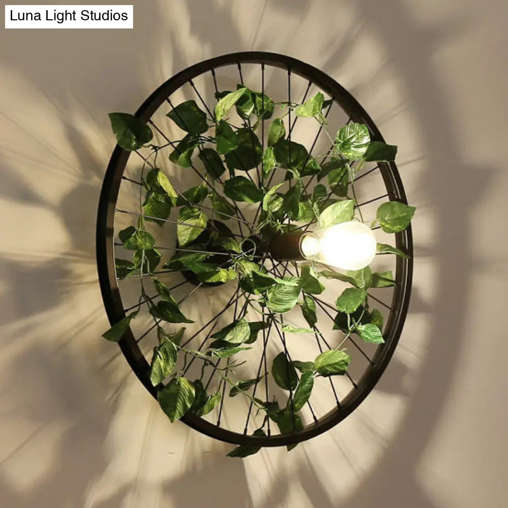 Industrial Metal Wheel Wall Mount Light With Flower/Leaf Decor 12.5/16.5 Diameter Green / 21.5
