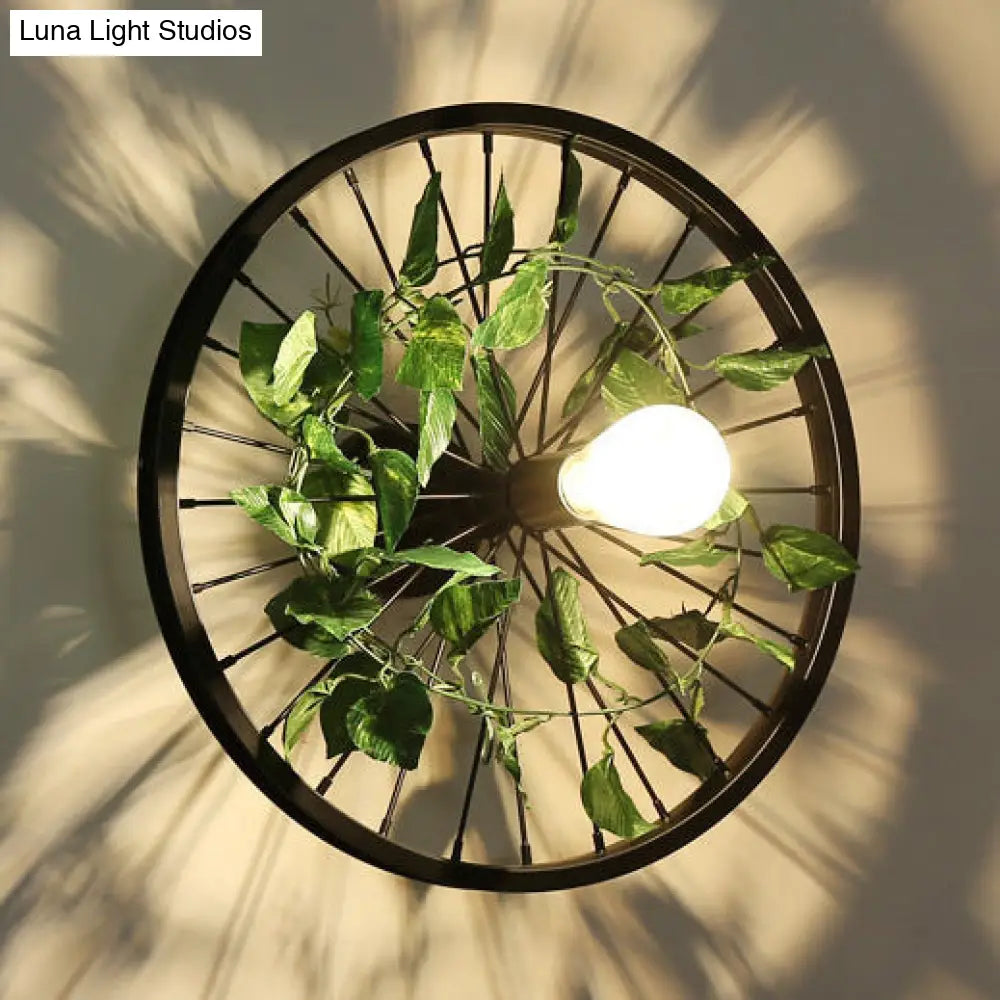 Industrial Metal Wheel Wall Mount Light With Flower/Leaf Decor 12.5/16.5 Diameter Green / 16.5