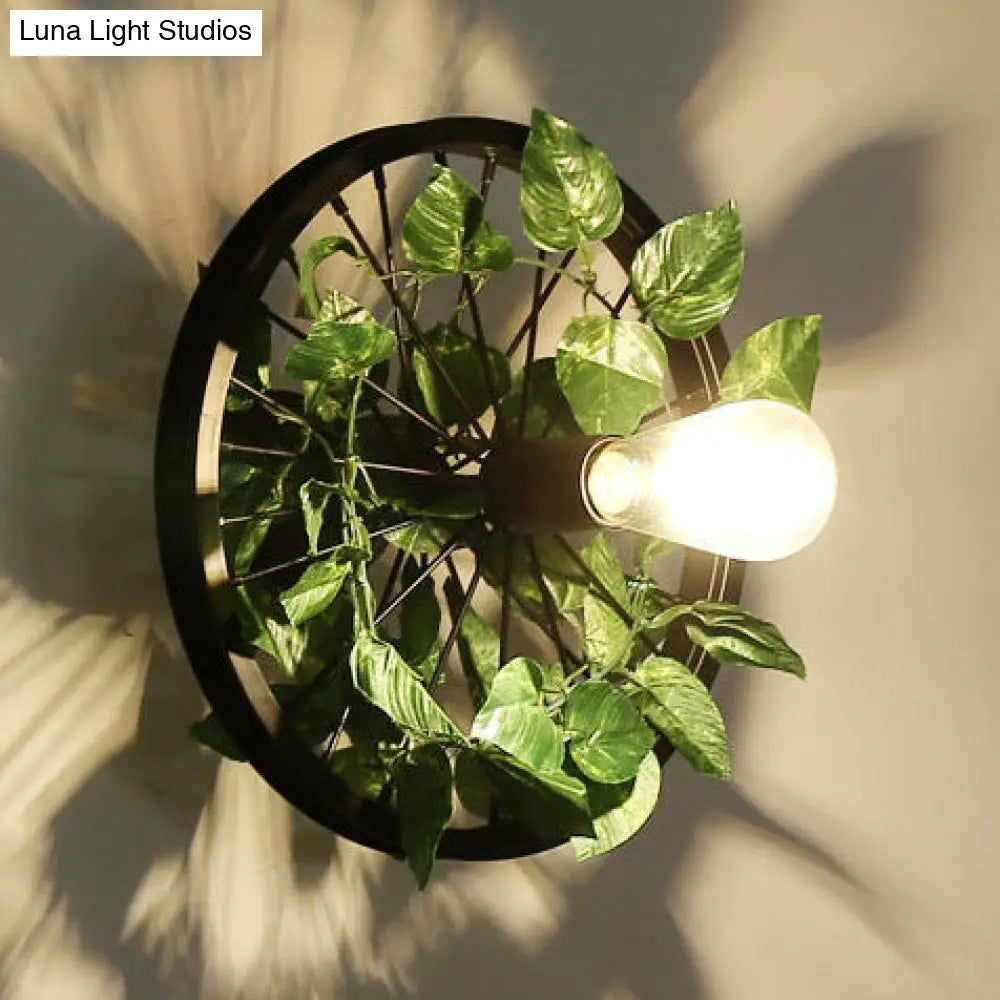 Industrial Metal Wheel Wall Mount Light With Flower/Leaf Decor 12.5/16.5 Diameter Green / 12.5